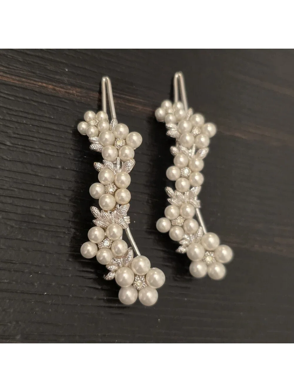 Vintage Faux Pearl Rhinestone Floral French Snap Hair Clips Silver Tone Pair EUC